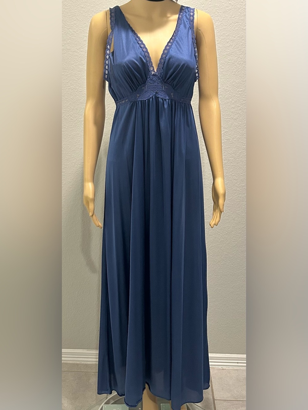 Miss Elaine Deep Blue V-Neck Lace Trim Maxi Nightgown